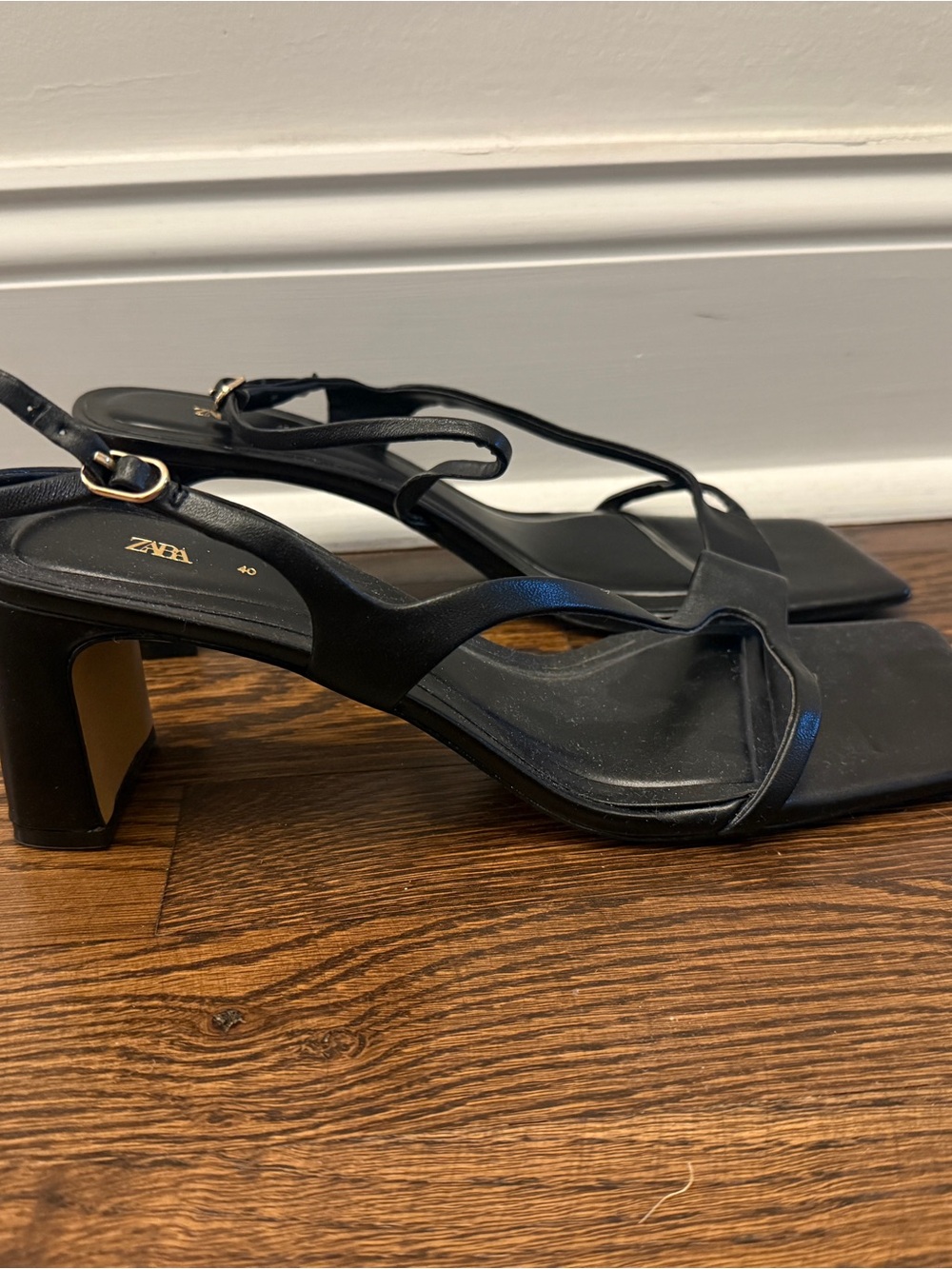 Zara Black Strappy Square-Toe Block Heel Sandals